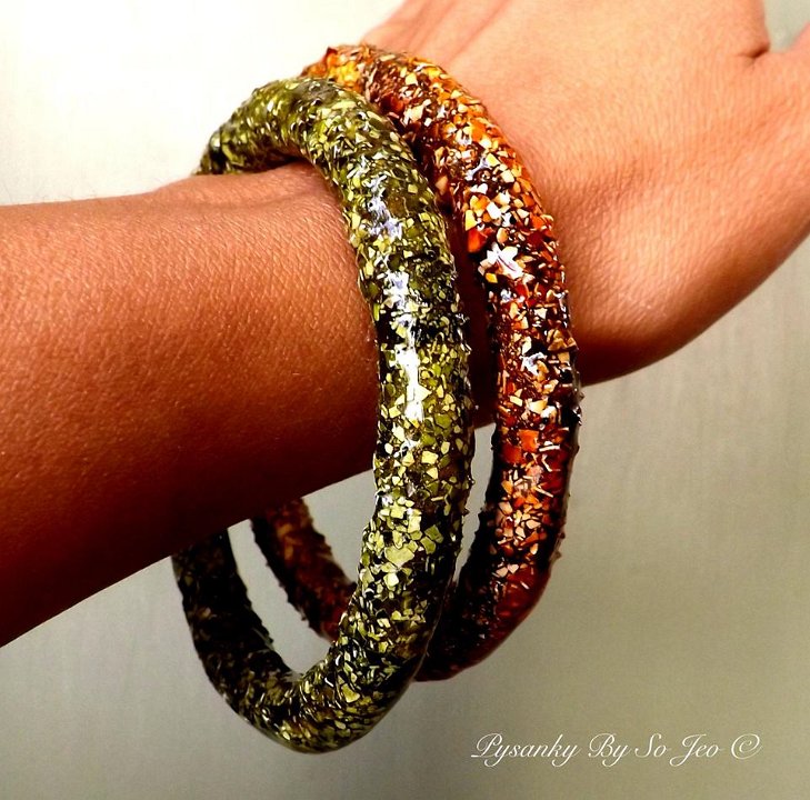 Green and Honey Bangle Bracelets Eggshell Mosaic Jewelry by So Jeo